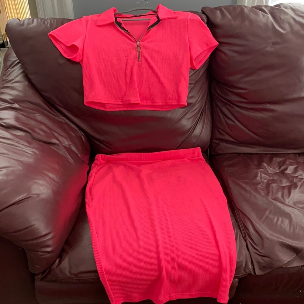 Pink Ribbed Skirt Set